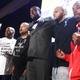 (L to R) Antron McCray, Raymond Santana, Yusef Salaam, Kevin Richardson and Korey Wise embrace on stage at the American Civil Liberties Union (ACLU) of Southern California’s 25th annual awards luncheon on June 7, 2019, in Los Angeles.